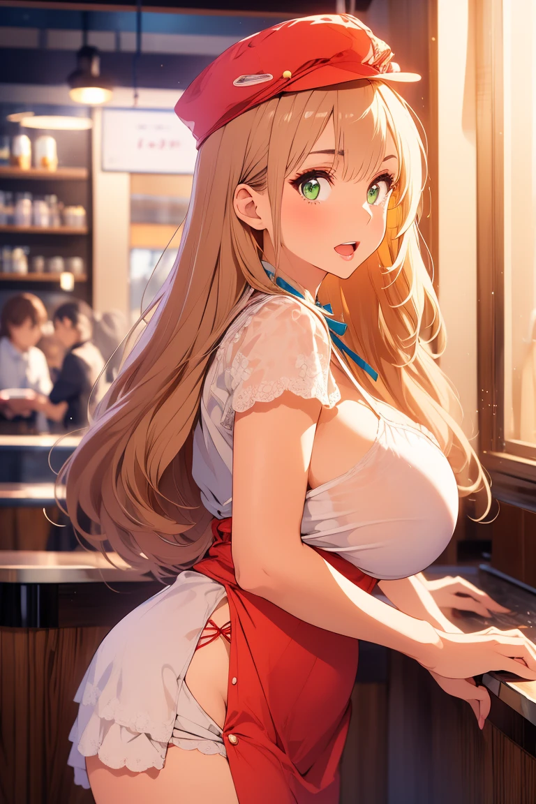 8k, cowboy shot, visual anime of a cute girl, best anime girl, Ecchi anime style, BREAK, seductive lady, blond hair, shiny hair, detailed eyes and face, Defined tabs, eyeshadow, crystal clear eyes, detailed lips, beautiful detailed eyes,  ojos color azul claro big breasts, tits, voluptuous, light visible, BREAK,   green eyes, by rubio, long shiny hair, big breasts, High resolution, beautiful detailed eyes, extremely detailed face, good lighting, Detailed CG, bright lips, wearing fast food worker uniform, wearing red cap, yellow shirt, red apron, with a seductive smile, in front of a cash register at a hamburger restaurant,  taco bell uniform,  (((side view facing the viewer))), feminine curves, BREAK, soft texture neckline, thighs, feminine curves, perfect anatomy, BREAK, open mouth.