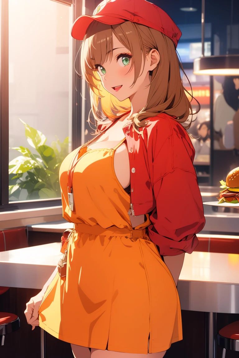 8k, cowboy shot, visual anime of a cute girl, best anime girl, Ecchi anime style, BREAK, seductive lady, blond hair, shiny hair, detailed eyes and face, Defined tabs, eyeshadow, crystal clear eyes, detailed lips, beautiful detailed eyes,  ojos color azul claro big breasts, tits, voluptuous, light visible, BREAK,   green eyes, by rubio, long shiny hair, big breasts, High resolution, beautiful detailed eyes, extremely detailed face, good lighting, Detailed CG, bright lips, wearing fast food worker uniform, wearing red cap, yellow shirt, red apron, with a seductive smile, in front of a cash register at a hamburger restaurant,  taco bell uniform,  (((side view facing the viewer))), feminine curves, BREAK, soft texture neckline, thighs, feminine curves, perfect anatomy, BREAK, open mouth.