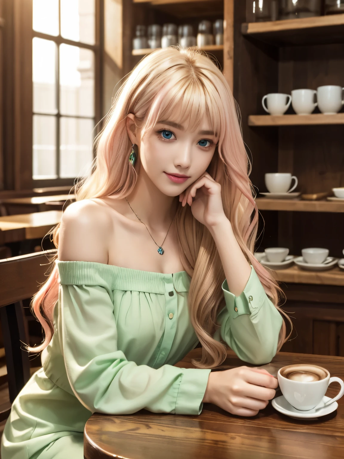 natural skin,(close-up:1.0) photo of as (young:1.0) woman, (oiled skin:1.0), (tilted angle shot:1.0), (8k uhd:1.0), (best quality:1.0), (masterpiece:1.0), (sharp focus:1.0), Realistic photos, 
BREAK ars old, sherly nome, multicolored hair, ((gradient hair, pink hair, blonde hair, (long hair:1.5), (wavy hair:1.3))), large breasts, blue eyes, mature woman
BREAK smile, upper body, (light green dress shirt:1.3), (off shoulder:1.3), Stage Background, Green Hair Band, wood ring on arm, necklace
BREAK ((The interior of the cafe with soft light shining in)), (There are many antique tables and chairs), ((Clock, houseplants, stairs, hanging L lights, (cafe supplies:1.2), shelves with coffee beans)).((reflect))
BREAK , close up, head rest, sitting, drinking coffee, antique coffee cup,
BREAK Morning Light in the cafe,