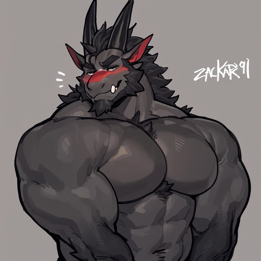 Black skinned bara dragon, very large pecs, strong physique, very muscular, perfect anatomy, masterpiece, black beard, detailed eyes, strong jaw, giant biceps, shirtless, manly pose, daddy, hairy pectorals, solo, great lighting, featureless nude, by bebebebe, by ZIXiong, by zackary911, by SligarTheTiger, by RED8EAN, monochromatic fur, monochromatic background, abstract background, grey background