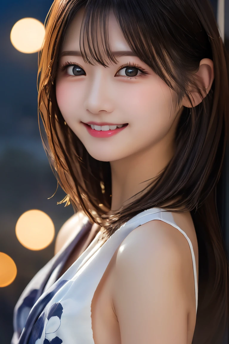 Highest quality, (beautiful)、Immerse yourself in the plan、Shoot from above、Selfie、Soft 、night、Bare shoulders、Outdoor、steam、smile