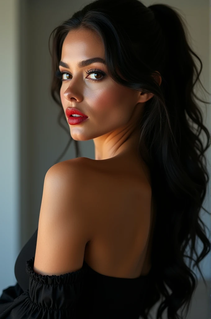 close-up, extreme close-up, close-up portrait, portrait, ultra realistic, photography, long black straight hair in a ponytail, elegant perfect hair, (30 years old, hazel eyes, hourglass figure, perfect fit body, natural big breasts), firtatious look, crimson red lipstick, femme fatale, long eyelashes, cat-eye make-up, she is completely nude, she is completely naked, highlight her cleavage, highlight her curves, she has her hands on her neck and her head slightly falls backwards, her eyes focus the camera and her lips are slightly parted, she is a sex symbol, wearing diamond earrings, back to the camera