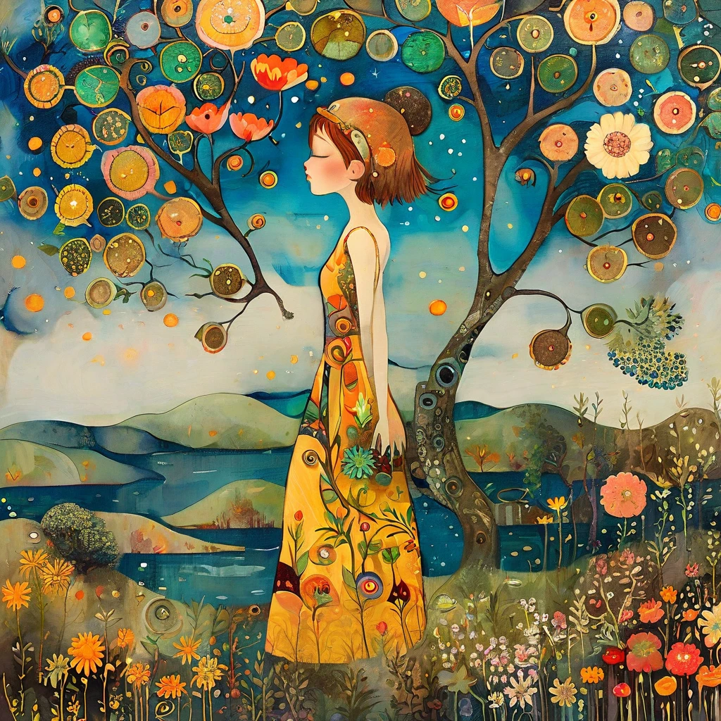 watercolor painting, In the style of Meghan Duncanson, Andy Kehoe and Tom Bagshaw, Klimt. yggdrasill tree, large roots like blown glass tubes sinking into the ground, stained glass branches rising to the sky, in the center divides the world above and the world below the body of woman with dark blond hair, wavy in the wind and a dress with leaf pattern and ink drops . view of a lake with mustard and emerald waters. Dandelion flowers, poppies, swamp flowers, cherry blossoms, peach blossoms bloom. Sun disc-shaped polychrome buds with marbled spirals, sun rays like strands of coral. Warm colors, ochre yellows, browns, shades of blue, reds .
