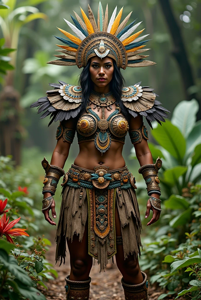 ((best quality)), ((masterpiece)), (detailed), perfect face 1 young girl,Aztec warrior goddess, beautiful, perfect, una Aztec warrior goddess, cara perfect, perfect body, medidas perfects, Perfect medium breasts, perfect waist and thighs, brings su armadura,(gilded with obsidian and jade), and gemstone inlays, armor worthy of a goddess, (she is surrounded by a divine aura), brings un hermoso_big and (majestic headdress) of feathers of colorful feathers, (very intricate design), (Exotic feathers), brings (obsidian macuahuitl), the weapon of a god,