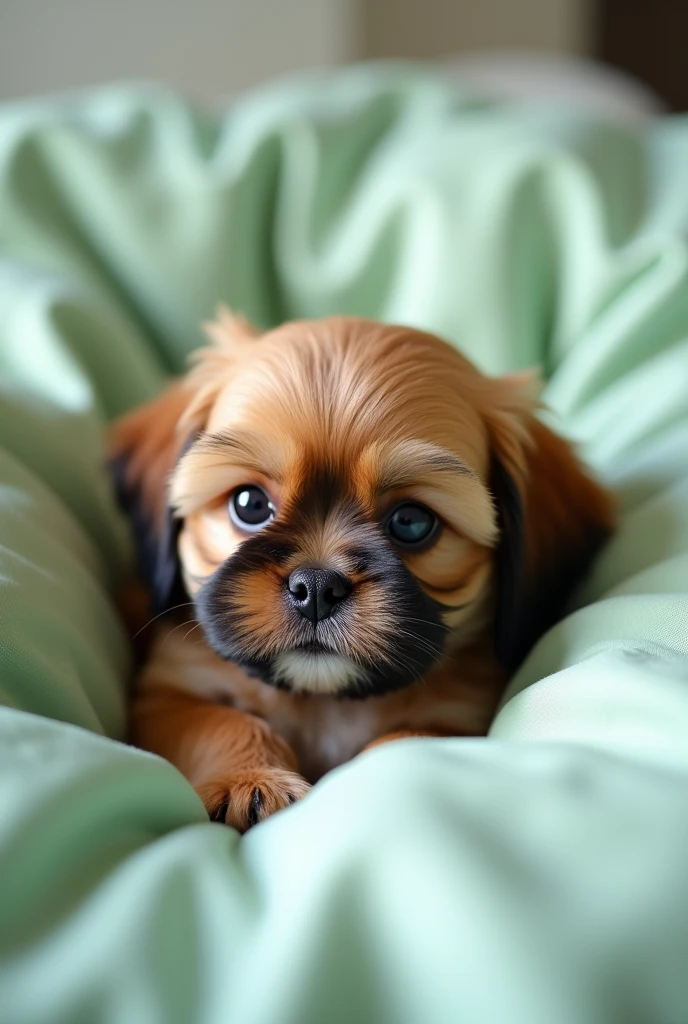 Adorable small marrón Shih Tzu puppy, in bed with light green sheets