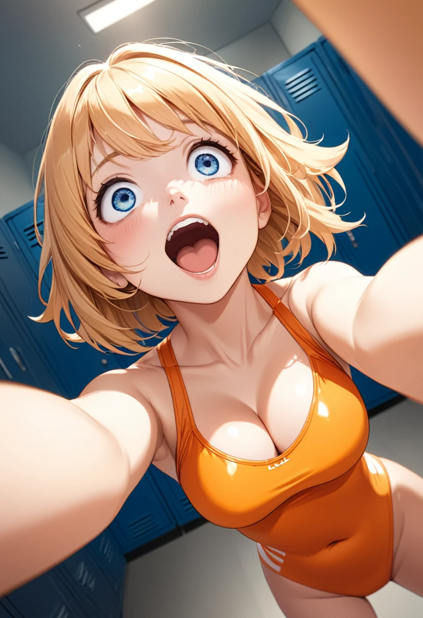 detailed illustration, dynamic angle, ultra-detailed, illustration, 1girl, short blonde hair, bright blue eyes, navy blue and orange swimsuit, locker room, looking up at you, wide eyes, excited, horny, blush, smile, open mouth, eager, tight swimsuit, cleavage