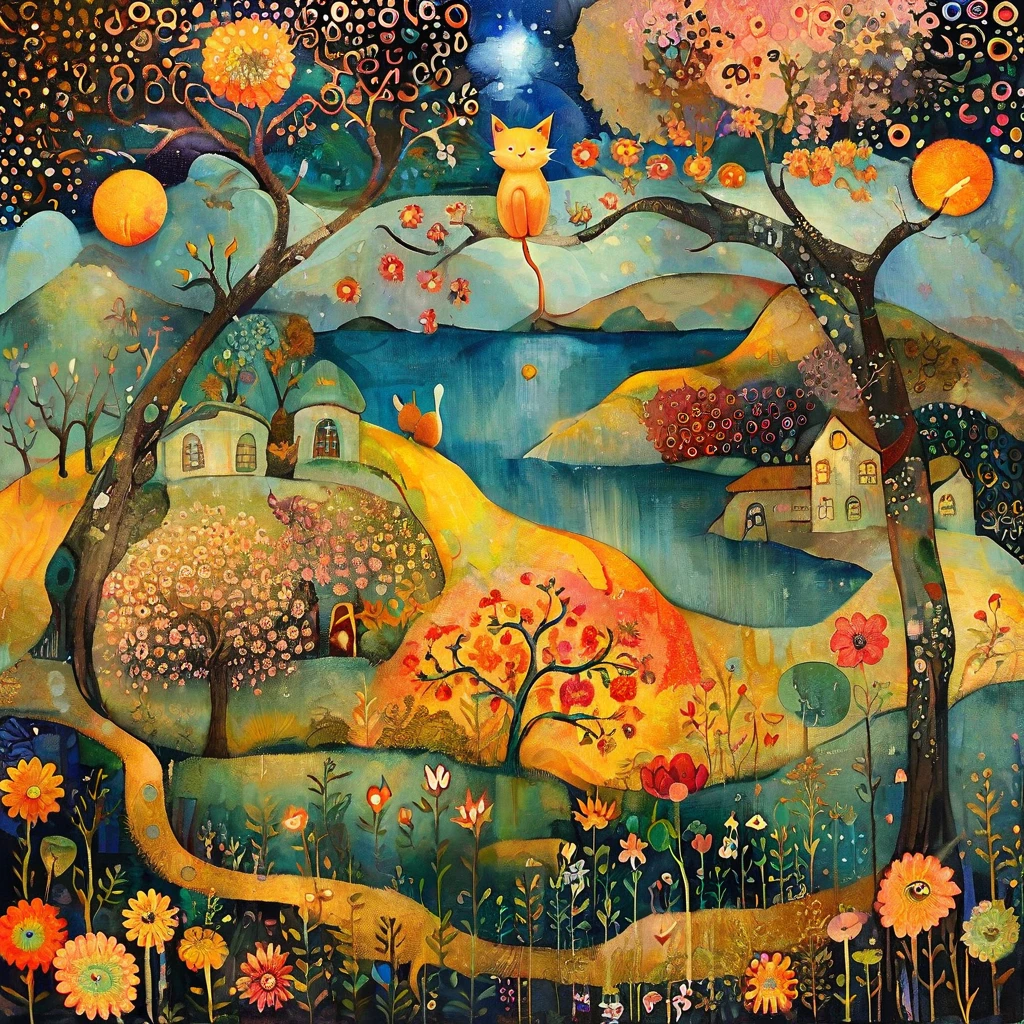 watercolor painting, In the style of Meghan Duncanson, Andy Kehoe and Tom Bagshaw, Klimt. yggdrasill tree, large roots like blown glass tubes sinking into the ground, stained glass branches rising to the sky, in the center dividing the world above and the world below the body of anthropomorphic cat with blond, windswept hair and a dress with patterns of leaves and dried seeds. view of a lake with mustard and emerald waters. Dandelion flowers, poppies, swamp flowers, cherry blossoms, peach blossoms bloom. Sun disc-shaped polychrome buds with marbled spirals, sun rays like strands of coral. Warm colors, ochre yellows, browns, shades of blue, reds .
