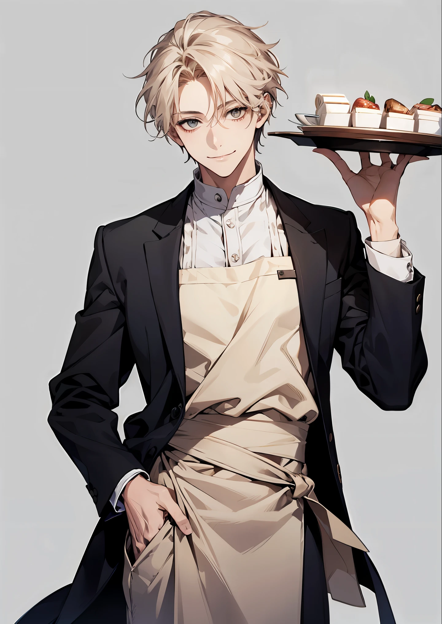 1 beautiful boy，Smile，Right hand on waist，looking to the right，waiter，simple background