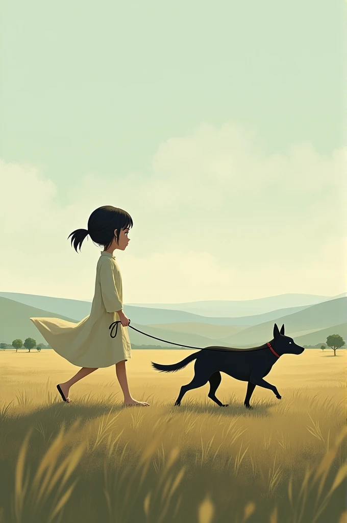 Girl walking to the horizon with a black dog 