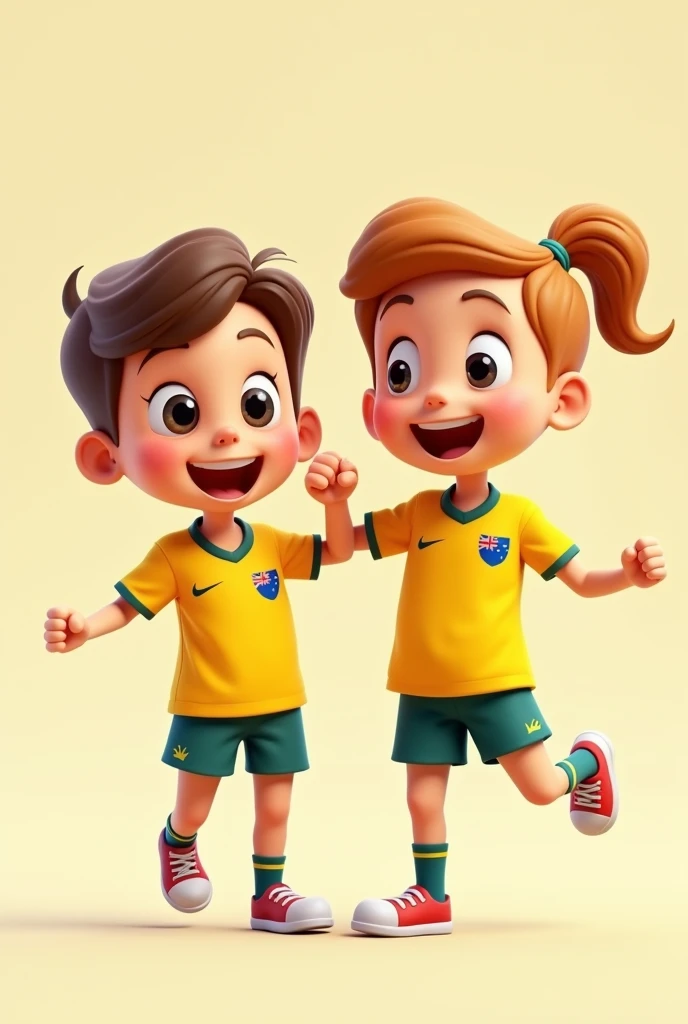 Two Brazilian children, one and one playing football, both wearing Brazilian team shirts