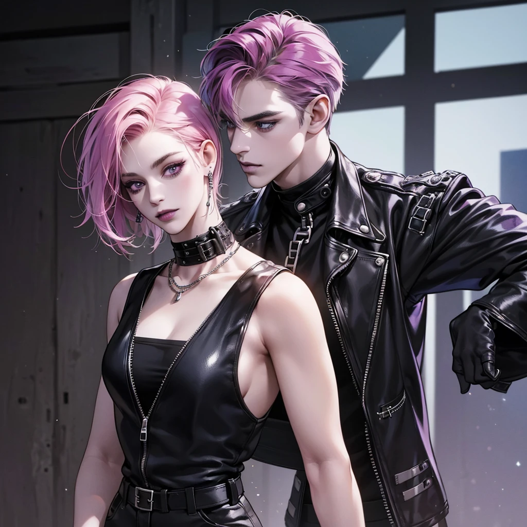 a punk girl, student, hooligan, short messy pink hair, purple eyes, black punk clothes, punk, chains, black sleeveless top, baggy black pants, sadistic smile, aggressive, dark purple lipstick, thug, (best quality,4k,8k,highres,masterpiece:1.2),ultra-detailed,(realistic,photorealistic,photo-realistic:1.37),cinematic lighting,dramatic shadows,gothic,dark fantasy,moody,dramatic, leather jacket hanging from the shoulders pumped up muscles