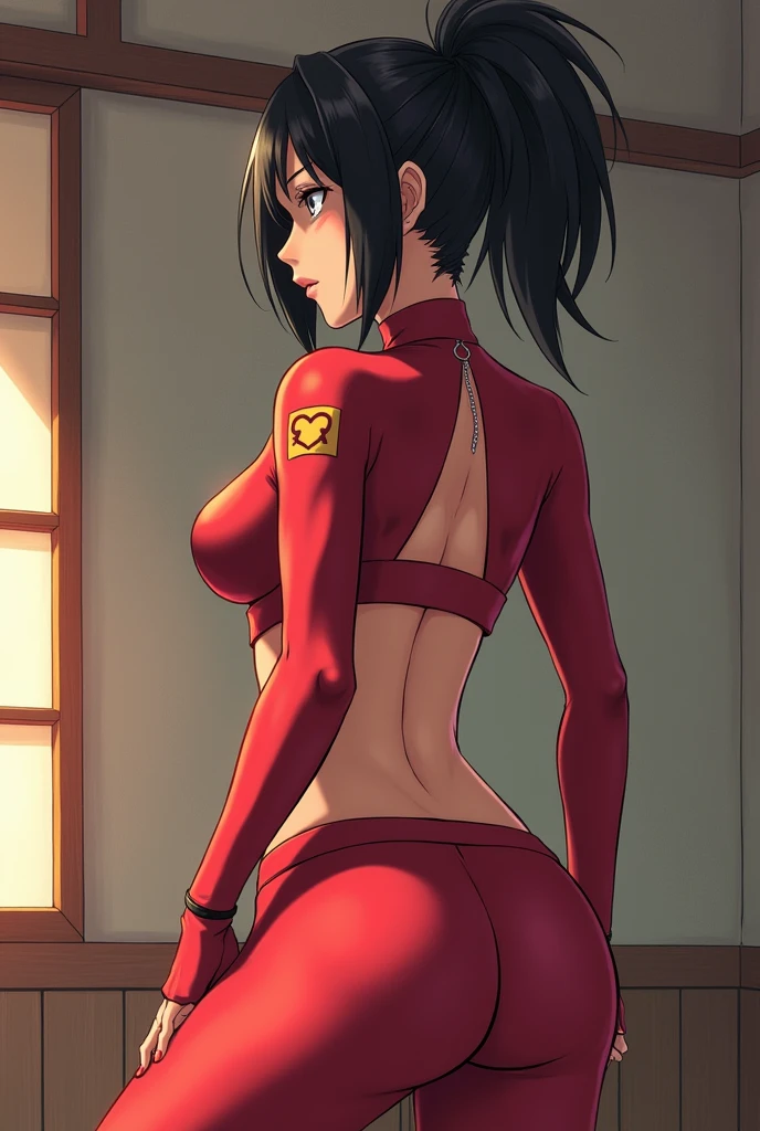 4K Quality, (black woman), (sexy smile), (sitting on the bed), only wearing shirt, (black and red shirt), (black and red cornrows), ((dark skinned)), thick thighs, big breasted, big ass, red eyes, (looking at viewer), nighttime, (in the red and black bedroom), safe for work