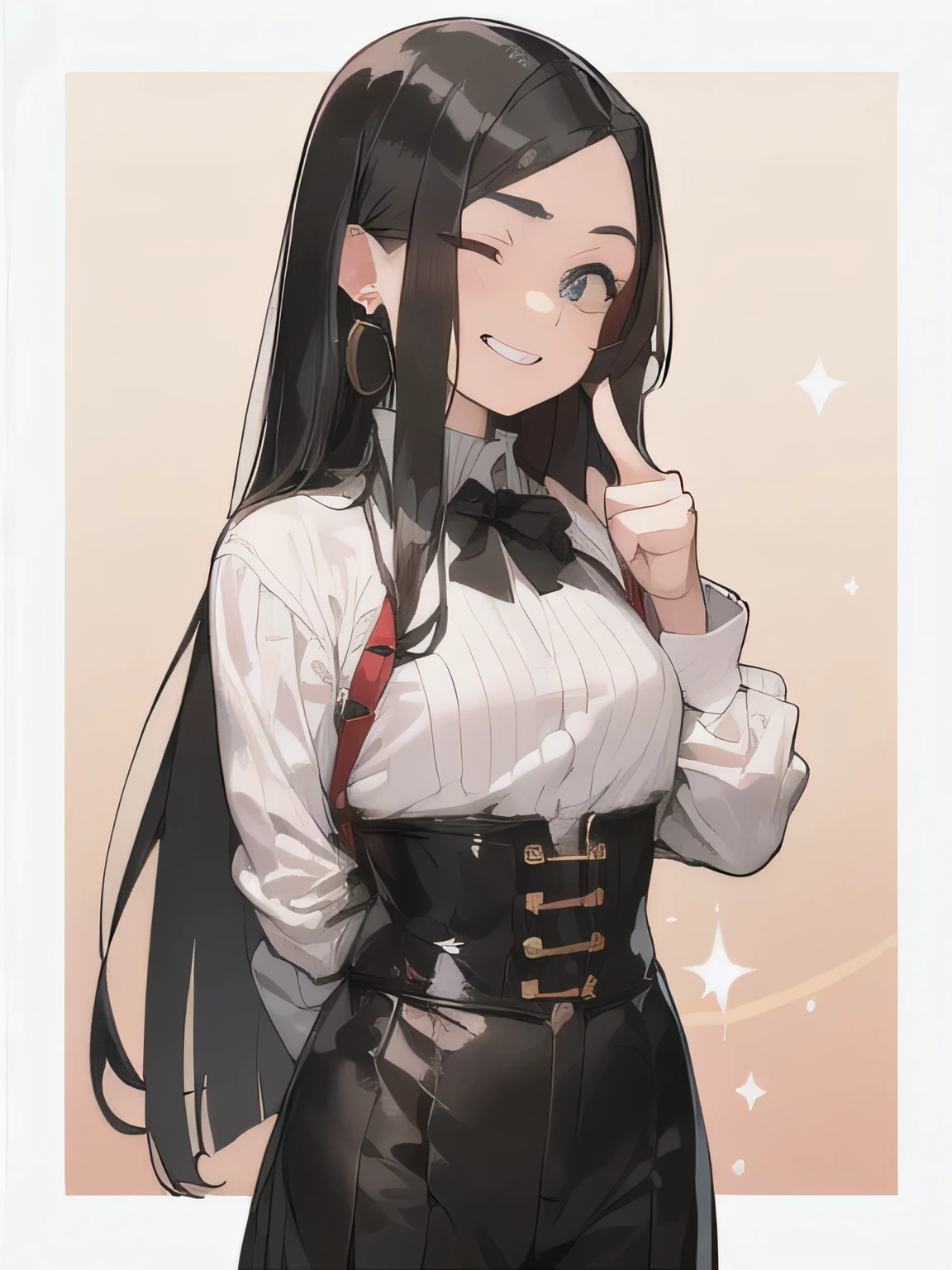 (one eye closed),(put index finger on mouth),(Beautiful black hair:1.6),Long Hair,(Straight hair:2.0),Center Parting,Gorgeous big eyes,((boyish:1.8)),Dark Eyes,(tall),(scrawny),(((A confident smile))),Medium Bust,high school girl,(golden circle earrings),BREAK,bondage corset