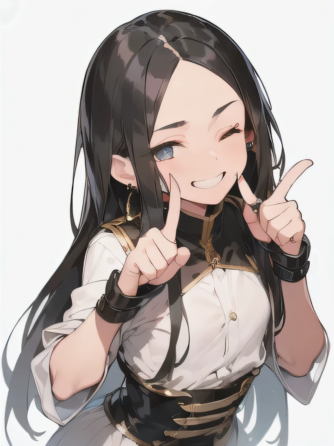 (one eye closed),(put index finger on mouth),(Beautiful black hair:1.6),Long Hair,(Straight hair:2.0),Center Parting,Gorgeous big eyes,((boyish:1.8)),Dark Eyes,(tall),(scrawny),(((A confident smile))),Medium Bust,high school girl,(golden circle earrings),BREAK,bondage corset