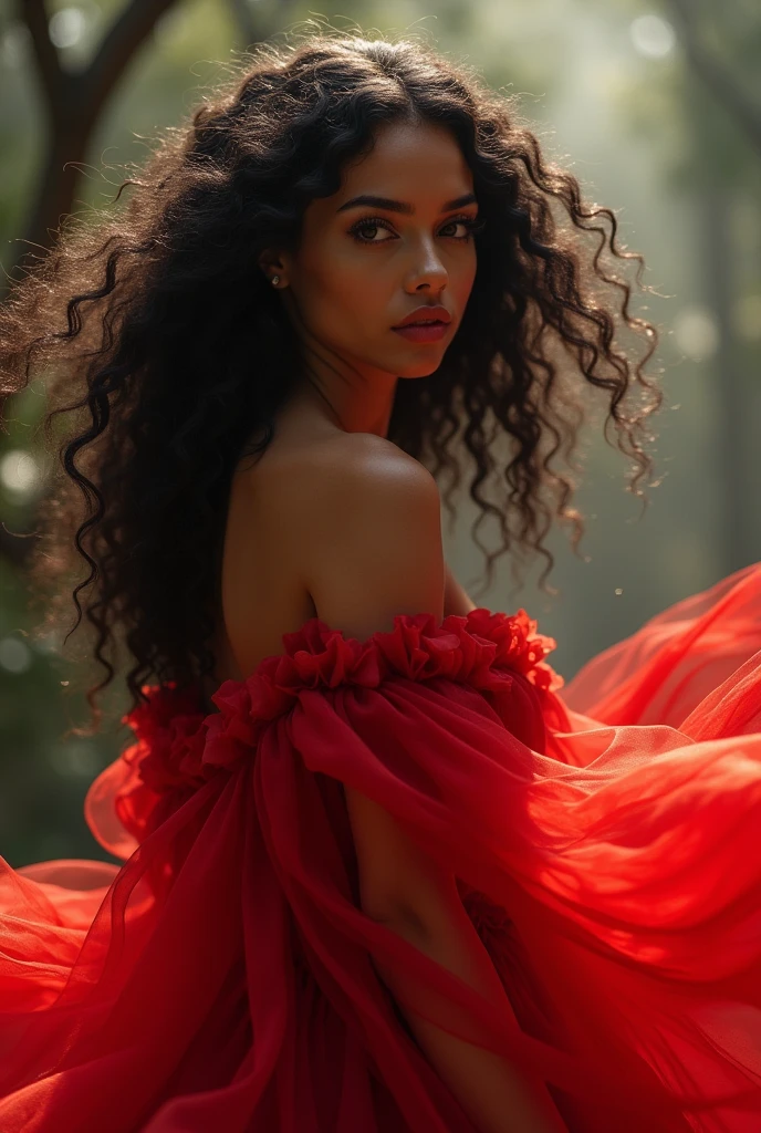 uma linda jovem com longos cabelos preto ondulados, no estilo tenwave, vibrant colorist --ar 85:128, Standing on a sidewalk, Vestido preto