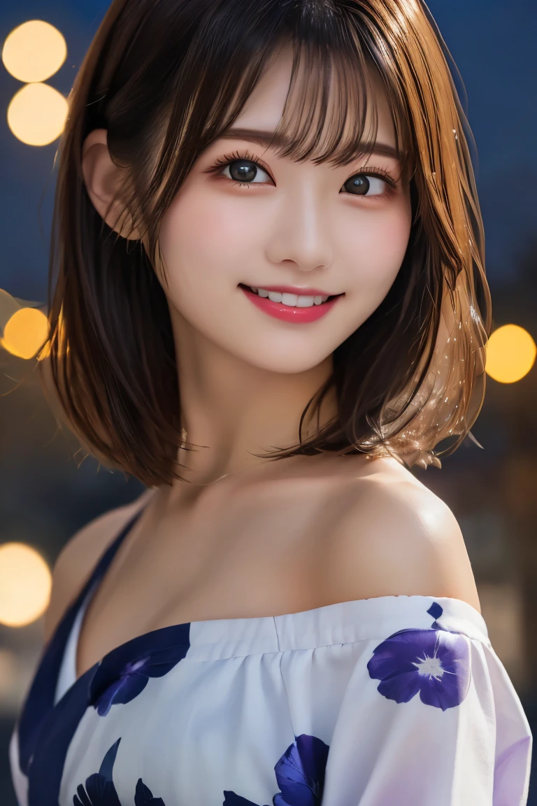 Highest quality, (beautiful)、beautiful女性、、Precision Eyes、Brown eyes、Looking into the camera、Medium Hair、Inward curl hair、Open-front off-shoulder cardigan、night、smile、Snow Scene、Upper Body、naked、Close-up、Larger breasts、Completely exposed breasts
