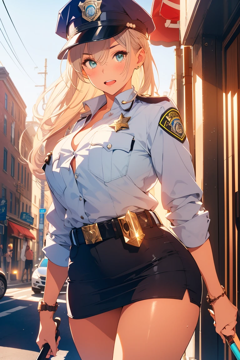 8k, cowboy shot, visual anime of a cute girl, best anime girl, Ecchi anime style, BREAK, seductive lady, blond hair, shiny hair, detailed eyes and face, Defined tabs, eyeshadow, crystal clear eyes, detailed lips, beautiful detailed eyes,  ojos color azul claro big breasts, tits, voluptuous, light visible, BREAK,   green eyes, by rubio, long shiny hair, big breasts, High resolution, beautiful detailed eyes, extremely detailed face, good lighting, Detailed CG, bright lips, (((wearing police uniform))), blue shirt with plunging neckline, police badge on shirt, black belt with weapon,  tits, sexy police,  blue pencil miniskirt, Police cap, sweaty legs, shiny skin, thighs, BREAK, ((on a city street with a police patrol in the background)), light,  side view facing the viewer, feminine curves, BREAK, Smooth texture, thighs, feminine curves, perfect anatomy, BREAK, with a club in his hands,  open mouth, mischievously closing one eye, blue sky with white clouds, sunlight on her hair.