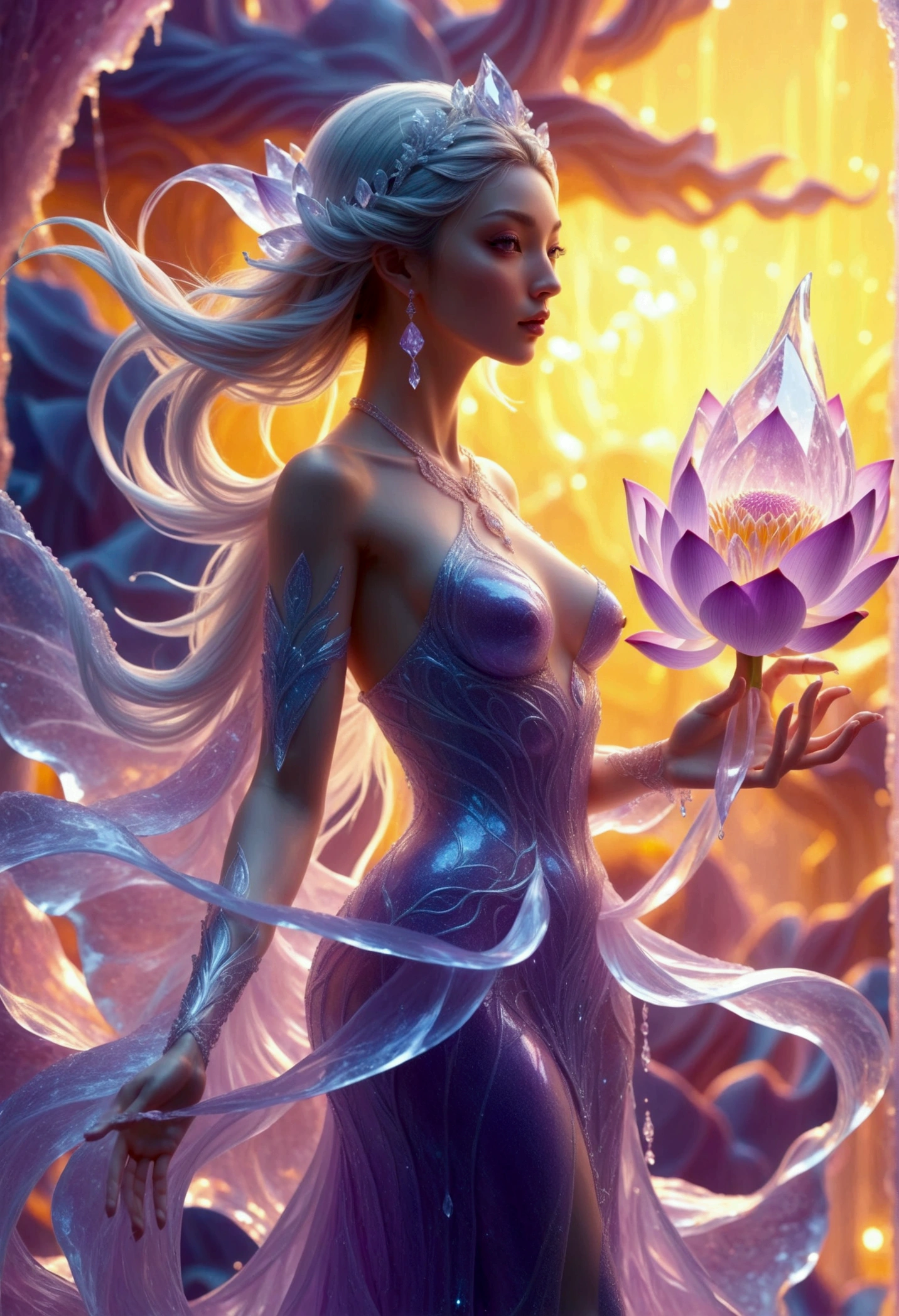 ice crystal in shape of a stunning goddess standing on a purple crystal lotus with dramatic light glamour and glorious, intricate detailed, dynamic motion photographic, cinematic picture, digital fantasy artwork