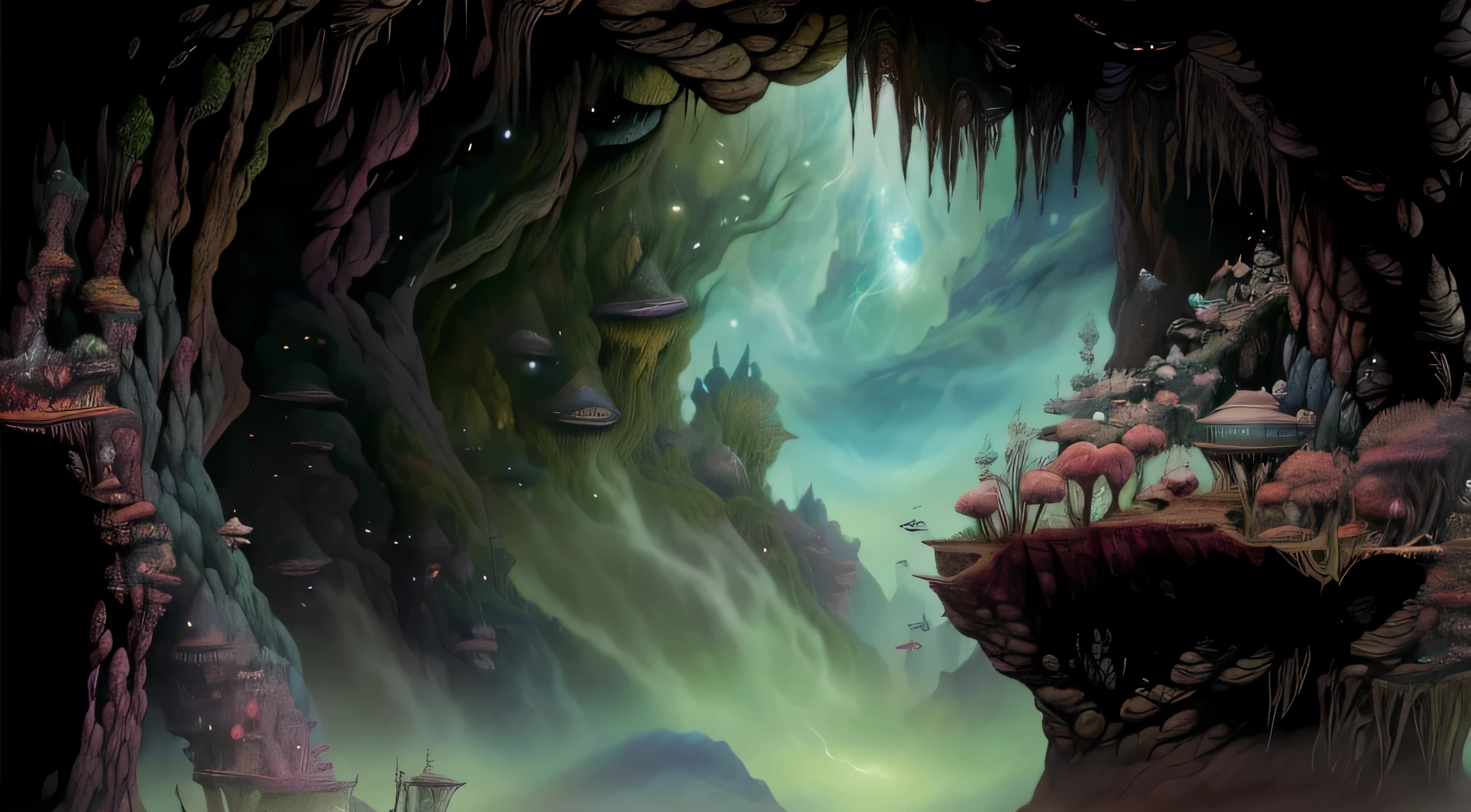 there is a painting there,Depicting a fantasy world with a cave of light。 Magical surrealism, Jacek Jelka and Vladimir Kush, Inspired by Jacek Yerka, Style of Hieronymus Bosch, hyper-realistic illustration, Ivan Genelich (Ivan Generalic) of inspiration, Surreal alien cave, Alien Landscape, Fantasy painting, Giger and Jacek Jelka