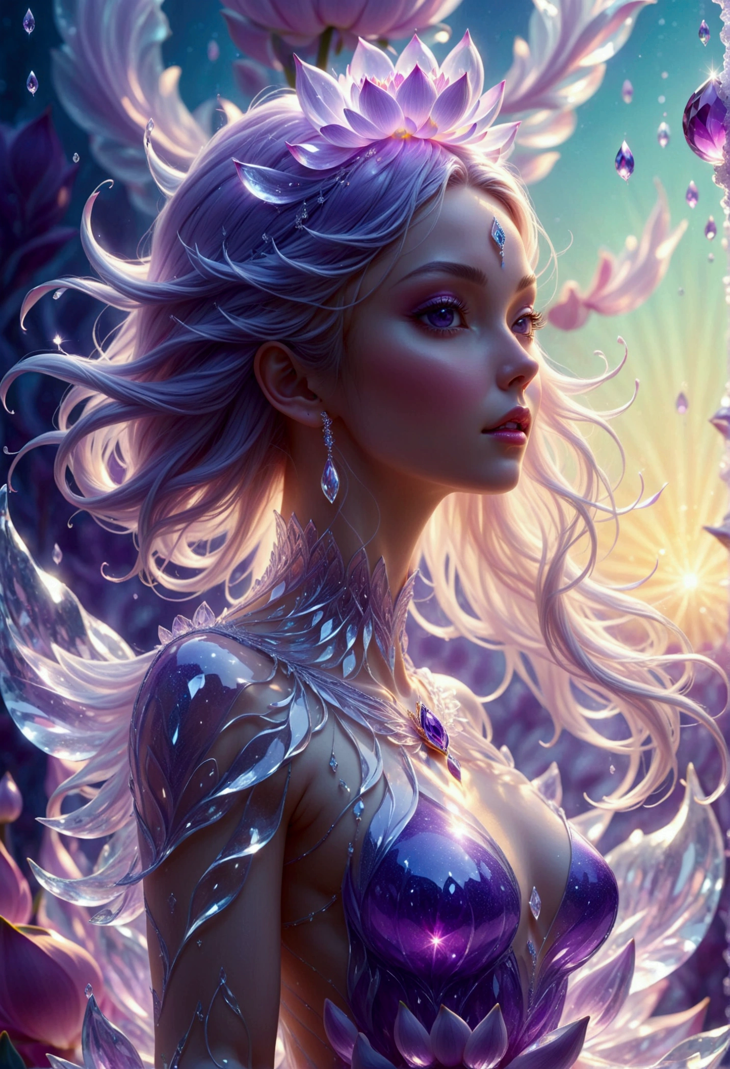 ice crystal in shape of a(girl) stunning goddess standing on a purple crystal lotus with dramatic light glamour and glorious, full body, bodyline, intricate detailed, dynamic motion photographic, cinematic picture, digital fantasy artwork