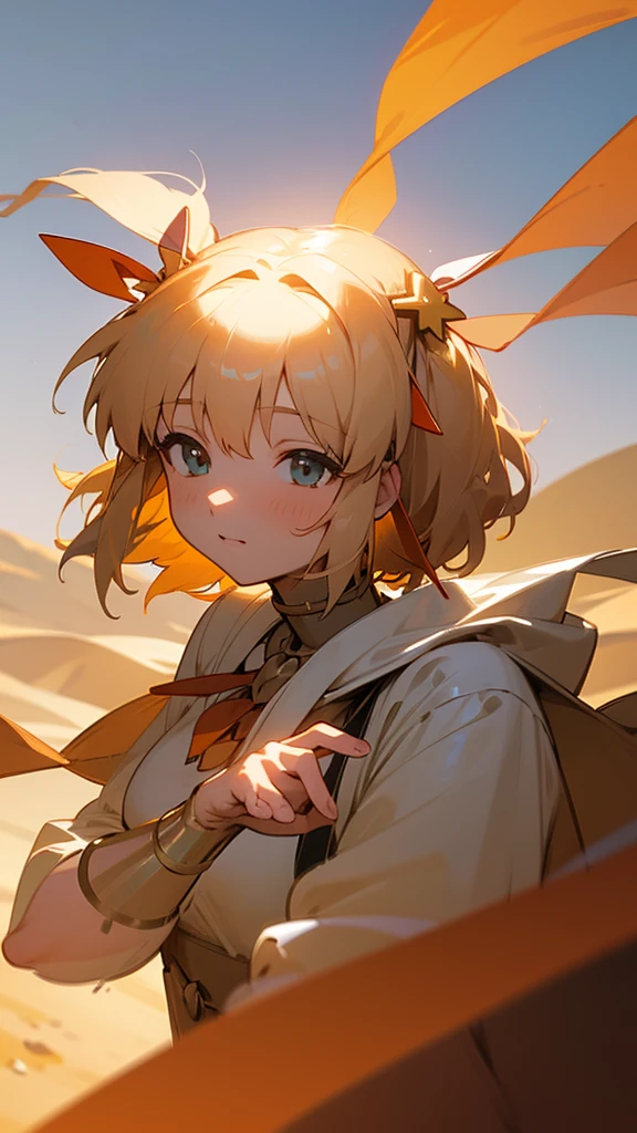 masterpiece, best quality, (extremely detailed CG unity 8k wallpaper), (best quality), (best illustration), (best shadow), desert, golden_sand, absurdres, realistic lighting, (front), portrait, (fantasy), 1girl, (Kamikita_Komari), twintails, hair ribbon, arabian clothes, white_clothes