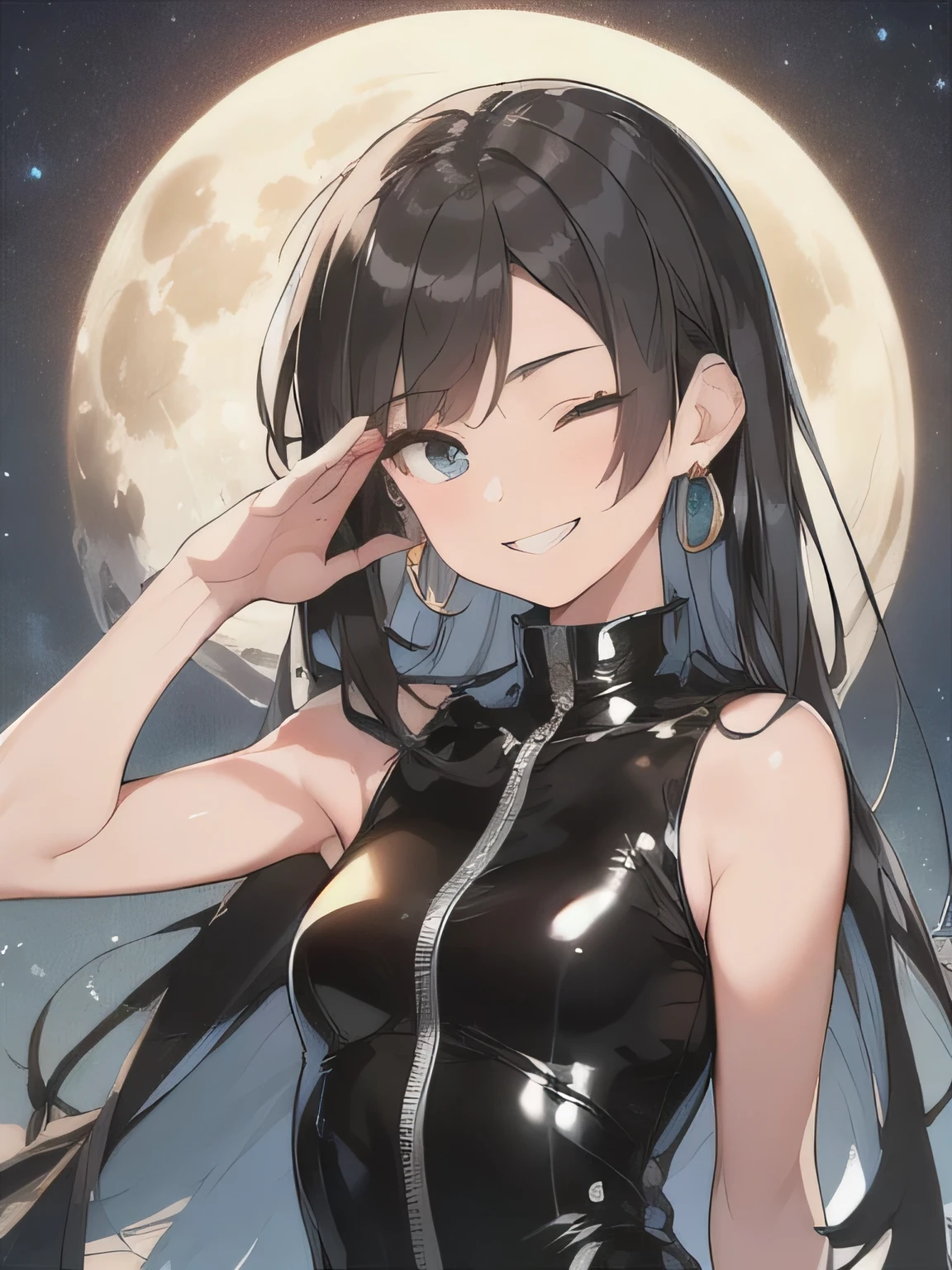 salute,(one eye closed),(Butiful black hair:1.6),Long Hair,(Straight hair:2.0),Center Parting,Gorgeous big eyes,((boyish:1.8)),Dark Eyes,(tall),(scrawny),(((A confident smile))),Medium Bust,high school girl,(golden circle earrings),BREAK,full bodysuit,latex,sleeveless,(shiny clothes:1.2),outdoors,night,Night view,(full moon),(Wind),((whole body))