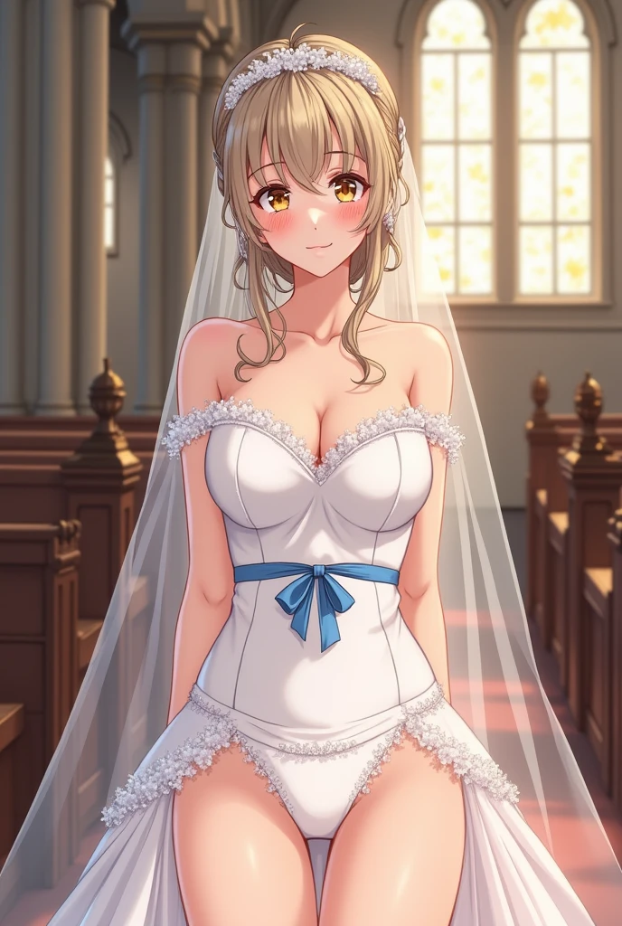 Old church,Nsfw,high definition, 8K, detailed face, press breasts together, (( blue green eyes)), ((pure White see through lingerie)),((white choker)), ((necklace)), ((bracelets)), (((pink small Areola and nipples ))),(((topless))), ((moderate big breasts)), slim, glamorous, full body , perfect proportion ratio, from side, four fingers and 1 thumb, ((blonde hair)), break, hair slicked back, 
 ((Bridal forehead jewelry)), break, white wedding Veil, break, pink lips, BREAK Beautiful smile, Smiling at viewer, blushing cheeks,