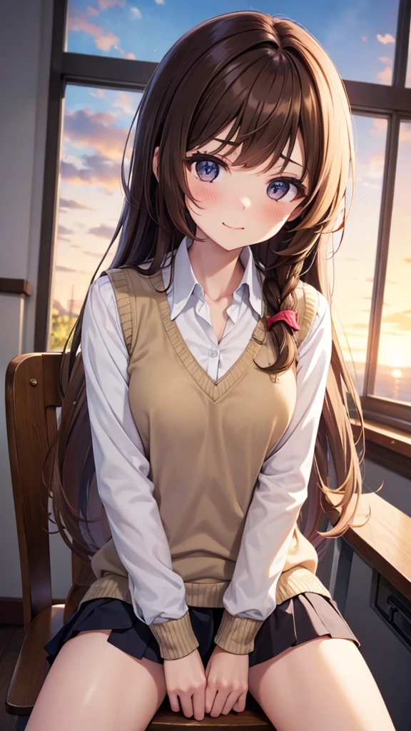 masterpiece,girl,high school girl,Brown Hair,Long Hair,Winding Wave,Small breasts,V-neck sweater vest,Long sleeve shirt,Pleated mini skirt,Lace panties,Ankle-length socks,classroom,Sit on a chair,Mischievous face,sunset,