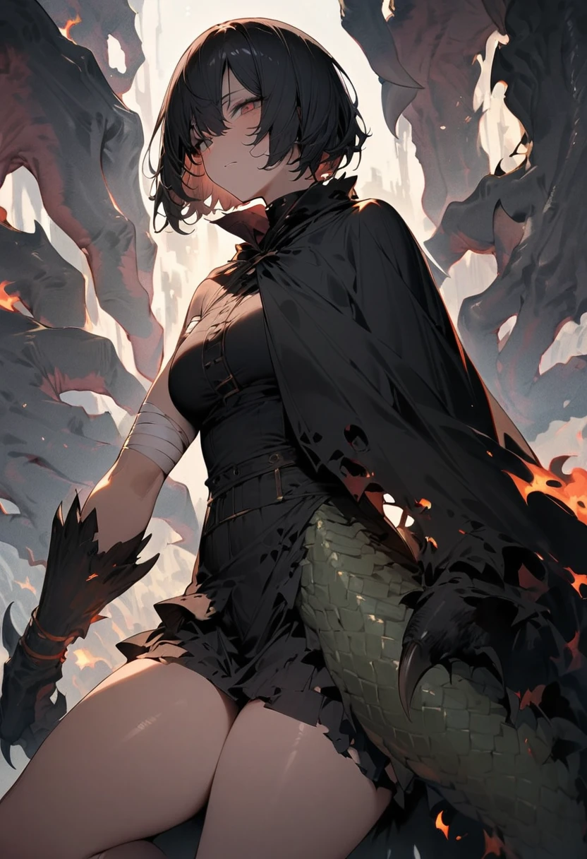 High resolution, masterpiece, Highest quality, girl, Bandage on right arm,Dragon leg-like right arm, Enhanced Giant Hand, Sharp Claws, Wearing a tattered cloak, Black flames erupt from his entire body., Right eye is hidden