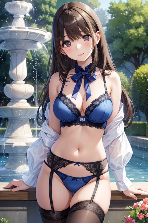 anegasaki nene、Shiny brown hair,  (Beautiful brown eyes、Sparkling eyes, Fine grain)、smile、Ultra-detailed eyes、Highly detailed face, Highly detailed eyes,Cowboy Shot、



(masterpiece、Highest quality:1.2),, solo, One Girl,,  ,、Outdoor、garden、Fountain Square、、Laughter、panties、Bra very、((Only wearing blue lingerie))))、Long-haired、Are standing、、garter belt、Black Stockings、 、Beautiful Eyes