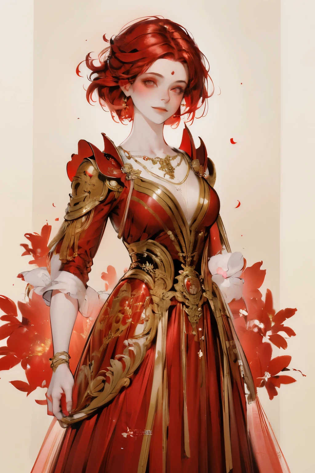A woman in a red dress with gold accents and a red flower - SeaArt AI