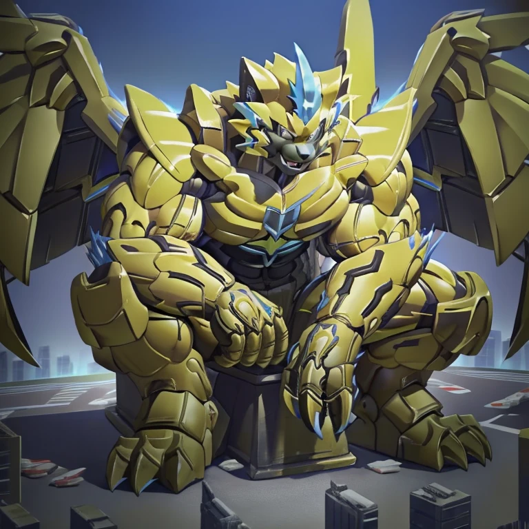 (zeraora, 8K), (zeraora's giant robot, Powered exoskeleton with the same design as zeraora), (Masterpiece, highres) (Detailed head, Detailed Body, Detailed abs, full body) (gigantic muscles, Gigachad Muscular, big muscle, pecs, triceps, traps, unusually developed muscular body, body full of huge muscles. showing off muscles, pectorales enormes, Exaggeratedly huge muscles.) (nj5furry, The claws are sharp, Sharp teeth, sharp claws), (long legs), (Spread wings, It has wings, have big wings, golden wings), (Wrestling, wrestler, the bodybuilding), (It has wings, whole body shines like metal, Wearing cyberpunk mecha, emphasizes the muscles, suit fully made of metal, intricate armor, Robotic suit, suit fully made of metal, cyborg), menacing pose, sitting on the throne, An arrogant expression. destroying city. BULK UP.