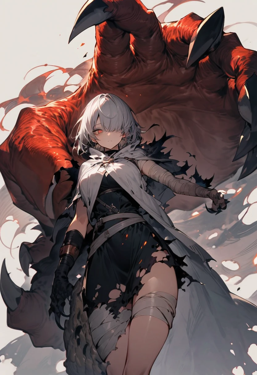 High resolution, masterpiece, Highest quality, girl, Bandage on right arm,Dragon leg-like right arm, (Enhanced Giant Hand:1.3, Sharp Claws:1.3), Wearing a tattered cloak, Black flames erupt from his entire body., Right eye is hidden, He has a look of anguish on his face.