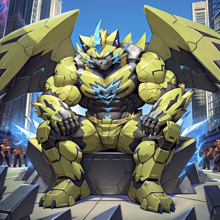 (zeraora, 8K), (zeraora's giant robot, Powered exoskeleton with the same design as zeraora), (Masterpiece, highres) (Detailed head, Detailed Body, Detailed abs, full body) (gigantic muscles, Gigachad Muscular, big muscle, pecs, triceps, traps, unusually developed muscular body, body full of huge muscles. showing off muscles, pectorales enormes, Exaggeratedly huge muscles.) (nj5furry, The claws are sharp, Sharp teeth, sharp claws), (long legs), (Spread wings, It has wings, have big wings, golden wings), (Wrestling, wrestler, the bodybuilding), (It has wings, whole body shines like metal, Wearing cyberpunk mecha, emphasizes the muscles, suit fully made of metal, intricate armor, Robotic suit, suit fully made of metal, cyborg), menacing pose, sitting on the throne, An arrogant expression. destroying city. BULK UP.