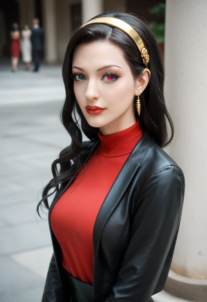 beautiful woman, AngelinaJolie, heterochromia, asami sato, long hair, green eyes, yor briar, yor forger, yor (spy x family), red eyes, hairband, jewelry, earrings, hair ornament, gold hairband, light skin, black hair, red sweater dress, makeup, eyeshadow, lipstick, classic beauty, elegant, classy, black leather jacket, slim, curvy body, realistic, photorealistic, hyperrealism