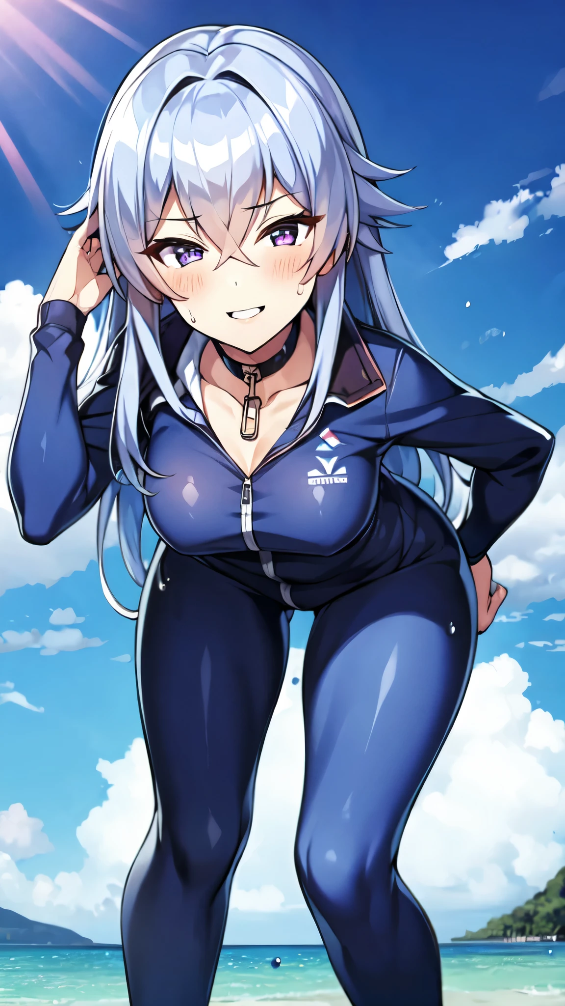 （（super high quality,））（（Ultra-high resolution,））（16K,）（super masterpiece,）（（Ultra HD ,））（Detailed shading,）（（Full Color,））Sea in clear skies,Looking up from below,One Girl,（（A shiny navy blue skin-tight sweatsuit,Open from neck to chest:1.8,popped Tight open collar:1.6,Long sleeve,））sexly,（Straight black long hair）,Bangs cross in front of the forehead,smile,blush,Sharp eyes,A lot of water splashing from below,Soaking wet,Sweaty,Open your legs a little,Leaning forward greatly,Put your hands on your hips,