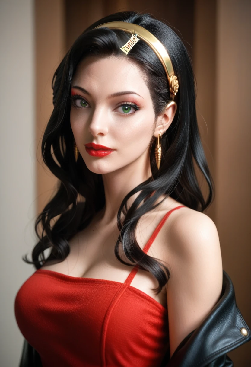 beautiful woman, AngelinaJolie, heterochromia, asami sato, long hair, green eyes, yor briar, yor forger, yor (spy x family), red eyes, hairband, jewelry, earrings, hair ornament, gold hairband, light skin, black hair, red sweater dress, makeup, eyeshadow, lipstick, classic beauty, elegant, classy, black leather jacket, slim, curvy body, realistic, photorealistic, hyperrealism