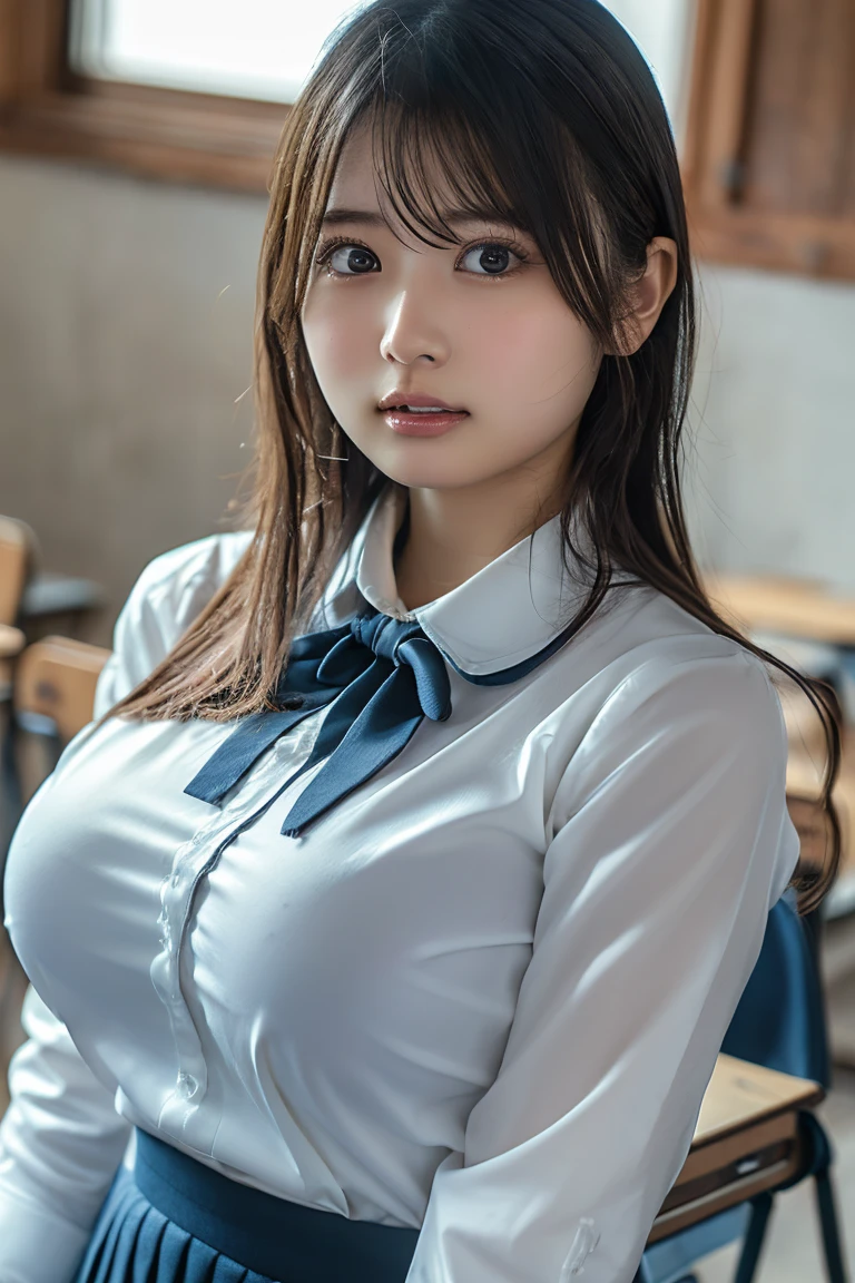 tight-fitting uniform:1.7(bursting bust,Anatomically correct, 18-years-old, Realistic Japanese girl, photographer's lover, She truly loves photographer, Realistic skin:1.3),plunging necklines:1.5long neck,Browsing Caution,bursting breast,Highest quality,Ultra-high resolution,1 person,whole body,Black hair, bangs, cool expression,Looking into the camera,Beautiful and elaborate face,Fine and beautiful skin,Skin Texture,high school student, school uniform, (tight-fitting white shirt:1.4), tie,(big breasts:1.2), Checked mini skirt,Classroom after school,(Standing pose,1.3: