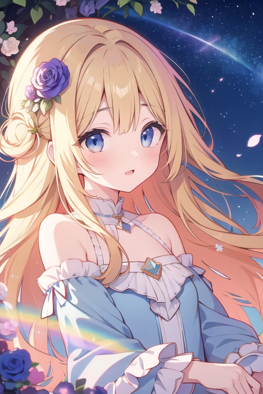 Highest quality、Absurd beauty、Detailed face、Perfect Eyes、Fantasy art、Long wavy blonde hair、、pastel colour、Rainbow Dress、Starry Sky、A flower garden full of blooming flowers