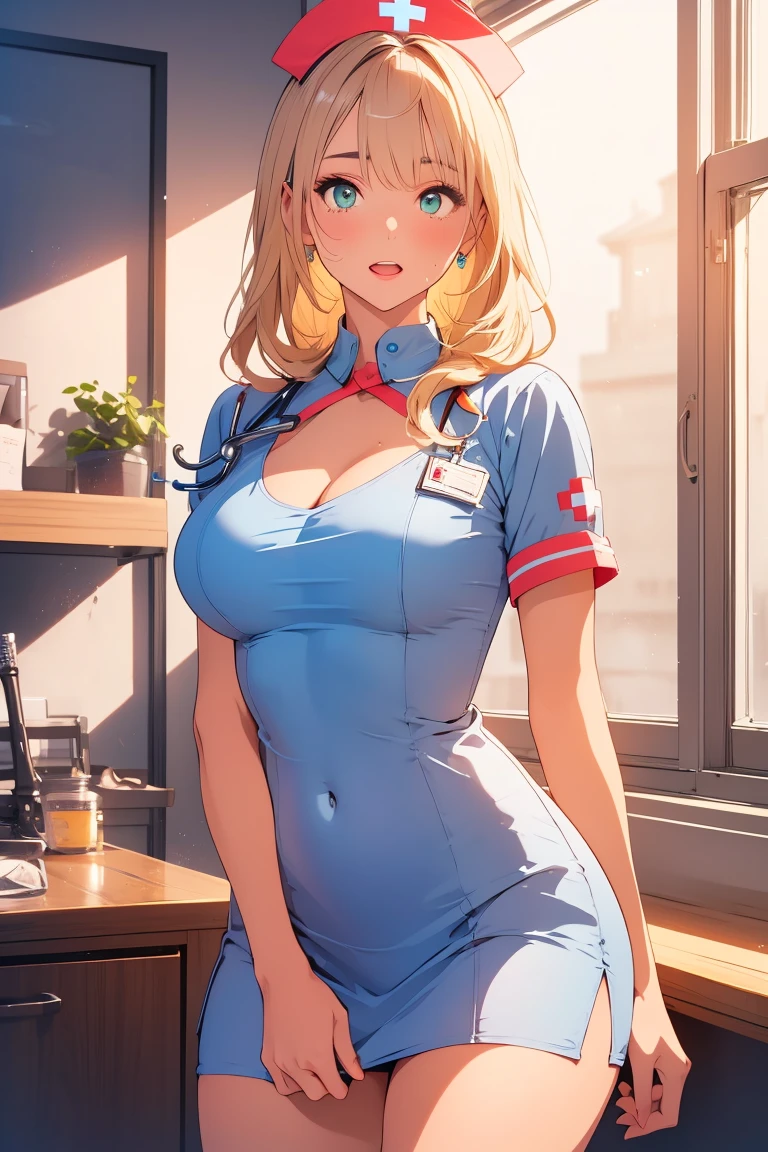 8k, cowboy shot, visual anime of a cute girl, best anime girl, Ecchi anime style, BREAK, seductive lady, blond hair, shiny hair, detailed eyes and face, Defined tabs, eyeshadow, crystal clear eyes, detailed lips, beautiful detailed eyes,  ojos color azul claro big breasts, tits, voluptuous, light visible, BREAK,   green eyes, by rubio, long shiny hair, big breasts, High resolution, beautiful detailed eyes, extremely detailed face, good lighting, Detailed CG, bright lips, (((Wearing nurse uniform))), white shirt with plunging neckline, round breasts, nurse&#39;s cap,  tits, sweaty skin,  white miniskirt, Nurse cap, sweaty legs, shiny skin, thighs, BREAK, ((in an operating room)), light,  side view facing the viewer, feminine curves, BREAK, Smooth texture, thighs, feminine curves, perfect anatomy, BREAK,  open mouth, mischievously closing one eye.