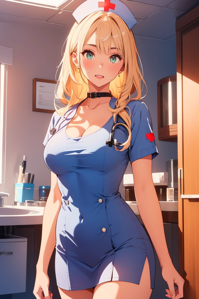 8k, cowboy shot, visual anime of a cute girl, best anime girl, Ecchi anime style, BREAK, seductive lady, blond hair, shiny hair, detailed eyes and face, Defined tabs, eyeshadow, crystal clear eyes, detailed lips, beautiful detailed eyes,  ojos color azul claro big breasts, tits, voluptuous, light visible, BREAK,   green eyes, by rubio, long shiny hair, big breasts, High resolution, beautiful detailed eyes, extremely detailed face, good lighting, Detailed CG, bright lips, (((Wearing nurse uniform))), white shirt with plunging neckline, round breasts, nurse&#39;s cap,  tits, sweaty skin,  white miniskirt, Nurse cap, sweaty legs, shiny skin, thighs, BREAK, ((in an operating room)), light,  side view facing the viewer, feminine curves, BREAK, Smooth texture, thighs, feminine curves, perfect anatomy, BREAK,  open mouth, mischievously closing one eye.