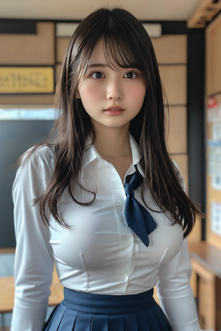 Whittled waistline,tight-fitting uniform:1.7,(bursting bust,Anatomically correct, 18-years-old, Realistic Japanese girl, photographer's lover, She truly loves photographer, Realistic skin:1.3),plunging necklines:1.5long neck,Browsing Caution,bursting breast,Highest quality,Ultra-high resolution,1 person,whole body,Black hair, bangs, cool expression,Looking into the camera,Beautiful and elaborate face,Fine and beautiful skin,Skin Texture,high school student, school uniform, (tight-fitting white shirt:1.4), tie,(big breasts:1.2), Checked mini skirt,Classroom after school,(Standing pose,1.3: