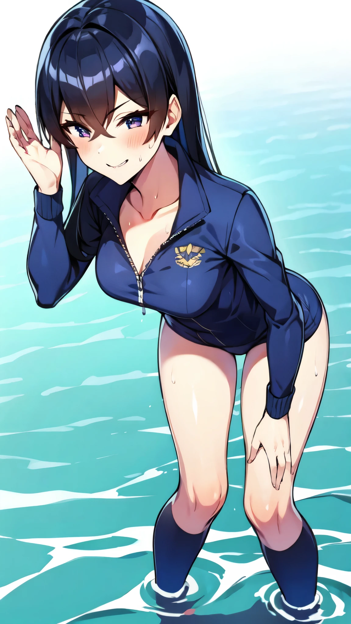 （（super high quality,））（（Ultra-high resolution,））（16K,）（super masterpiece,）（（Ultra HD ,））（Detailed shading,）（（Full Color,））Sea in clear skies,Looking up from below,One Girl,（（A shiny navy blue skin-tight sweatsuit,Open from neck to chest:1.8,popped Tight open collar:1.6,Long sleeve,））sexly,（Straight black long hair）,Bangs cross in front of the forehead,smile,blush,Sharp eyes,A lot of water splashing from below,Soaking wet,Sweaty,Open your legs a little,Leaning forward greatly,Put your hands on your hips,