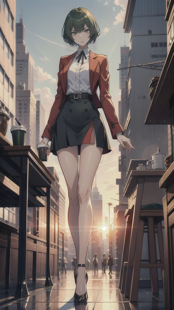 anime、tall slender woman、Short green hair、Red short jacket、Black tight skirt、Grey high heels、A tense expression、Morning city、skyscraper、There is no one else around、The morning sun is shining from the left、coffee shop、