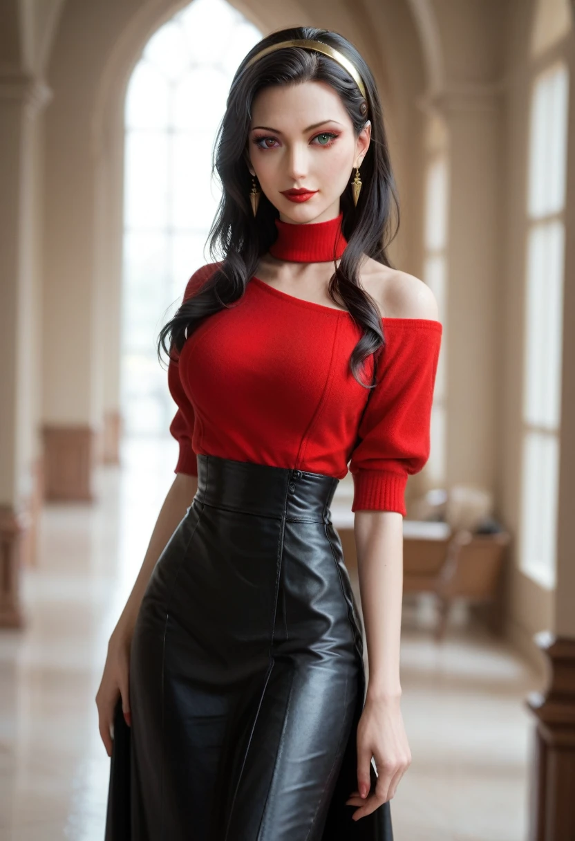 beautiful woman, ohwx woman, heterochromia, asami sato, long hair, green eyes, yor briar, yor forger, yor (spy x family), red eyes, hairband, jewelry, earrings, hair ornament, gold hairband, light skin, black hair, red sweater dress, makeup, eyeshadow, lipstick, classic beauty, elegant, classy, black leather jacket, slim, curvy body, realistic, photorealistic, hyperrealism