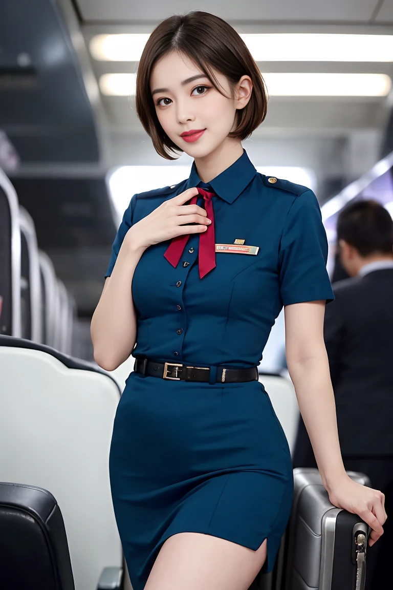 masterpiece, high-detail, the most pornographic airline stewardess in the world, ((pornographic)), in air hostess costume, brunette short hair, bob hairstyle, legs, ((( medium Breasts 1.9))) thick thighs,wide hips, Air hostess dress, slim body, smile lips, ((air hostess)) (UHD, 8K wallpaper, High resolution), Cinematic lighting, physically-based rendering, award-winning, extremely detailed skin, extra detailed face, high detail eyes, Carl Zeiss 85 mm F/1.4, by Ellen von Unwerth