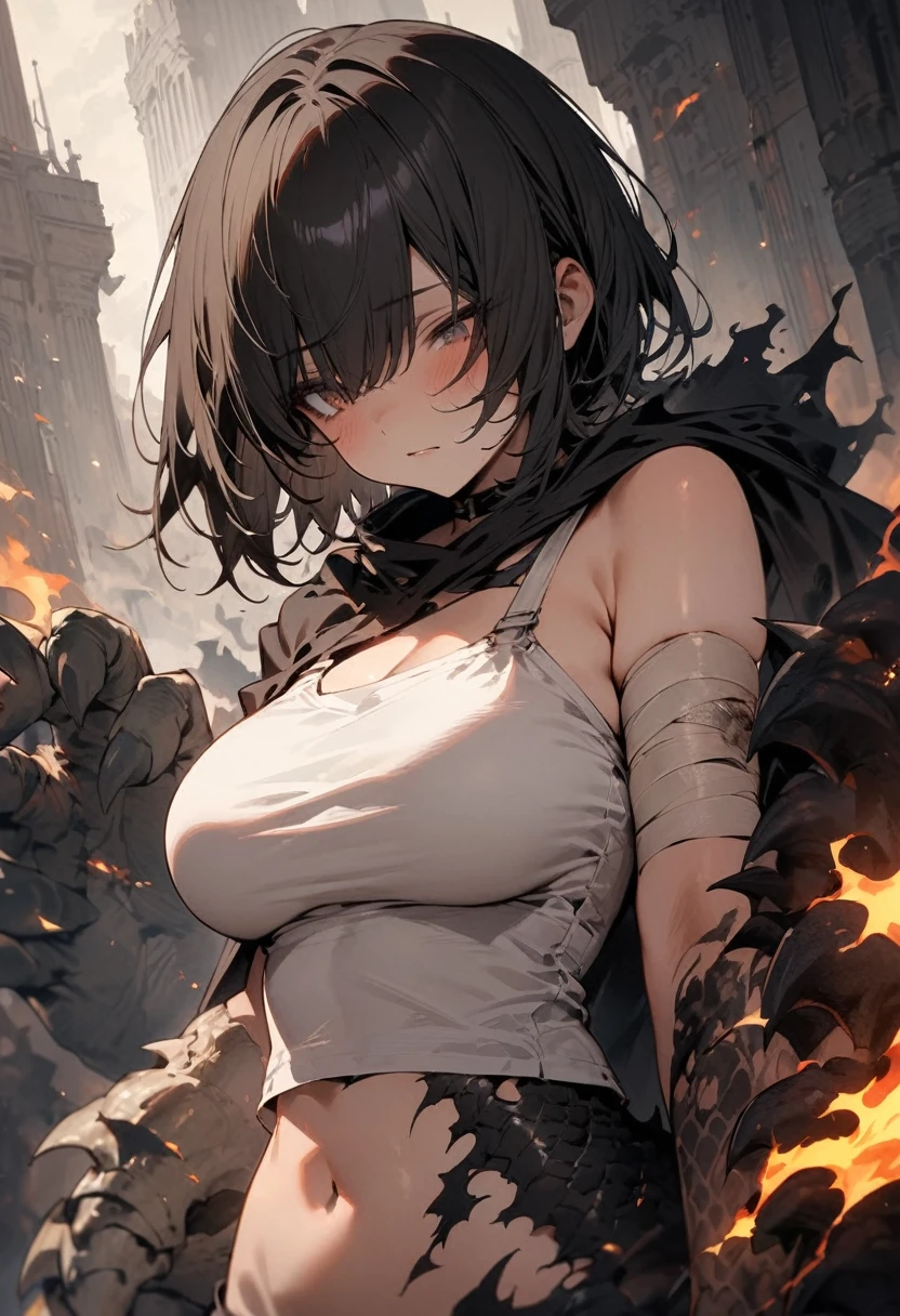 High resolution, masterpiece, Highest quality, girl, Bandage on right arm,Dragon leg-like right arm, Enhanced Giant Hand, Sharp Claws, Wearing a tattered cloak, Black flames erupt from his entire body., Right eye is hidden