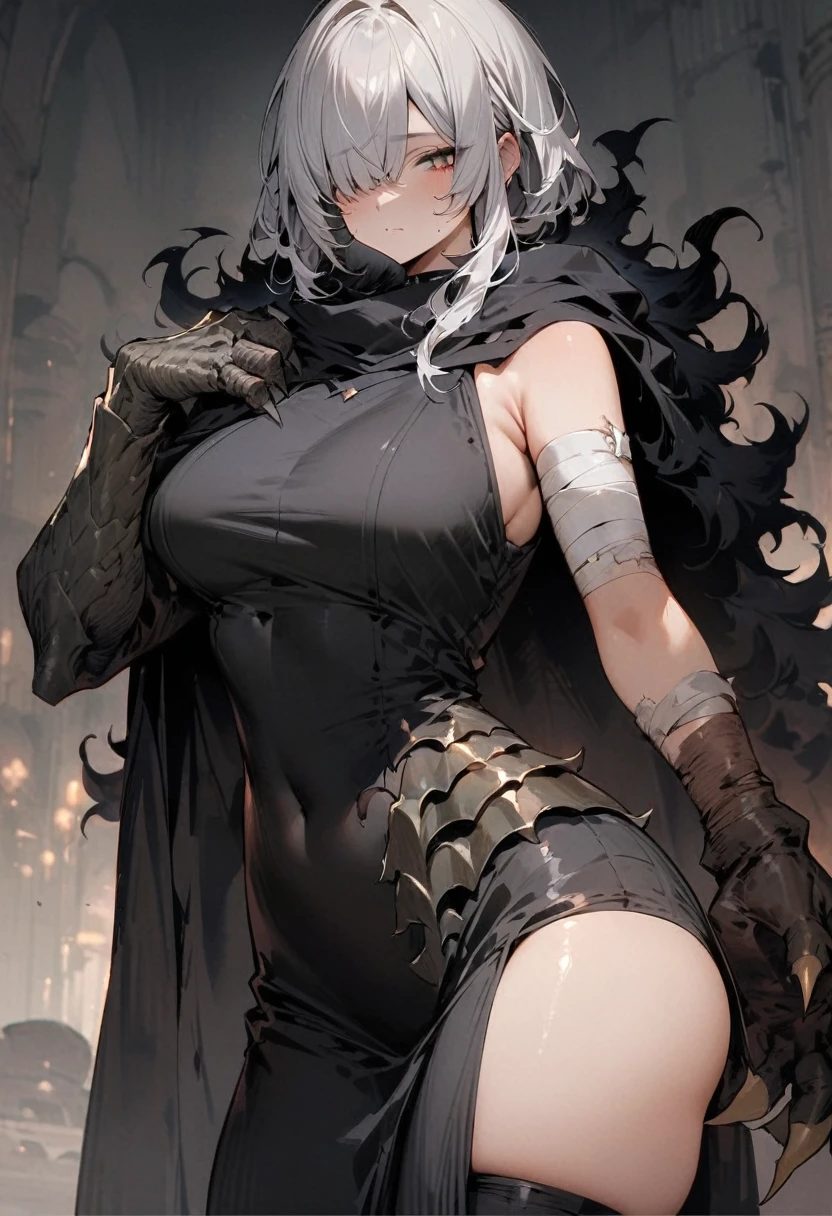 High resolution, masterpiece, Highest quality, girl, Bandage on right arm,Dragon leg-like right arm, Enhanced Giant Hand, Sharp Claws, Wearing a tattered cloak, Black flames erupt from his entire body., Right eye is hidden