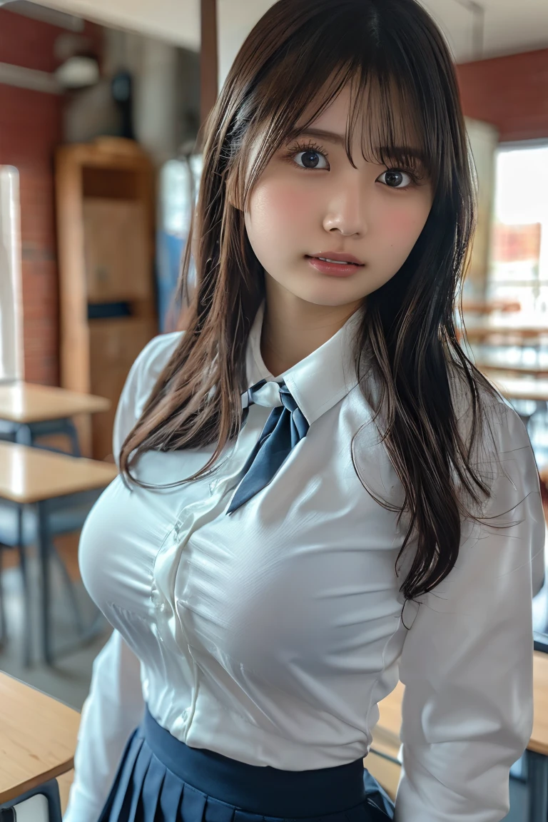 thin fabric,tight-fitting uniform:1.7(bursting bust,Anatomically correct, 18-years-old, Realistic Japanese girl, photographer's lover, She truly loves photographer, Realistic skin:1.3),plunging necklines:1.5long neck,Browsing Caution,bursting breast,Highest quality,Ultra-high resolution,1 person,whole body,Black hair, bangs, cool expression,Looking into the camera,Beautiful and elaborate face,Fine and beautiful skin,Skin Texture,high school student, school uniform, (tight-fitting white shirt:1.4), tie,(big breasts:1.2), Checked mini skirt,Classroom after school,(Standing pose,1.3: