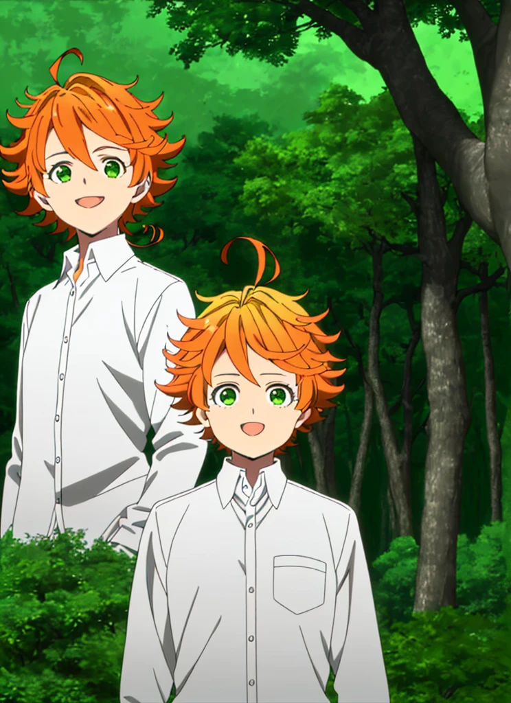 promisedNeverland masterpiece, best quality, 1girl, shirt, green eyes, solo, forest, white shirt, number tattoo, nature, short hair, looking at viewer, orange hair, tree, smile, ahoge, upper body, open mouth, outdoors, collared shirt